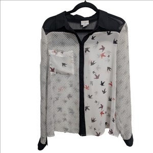 Jaclyn Smith Polkadot Sheer Bird Print Button-Up Blouse